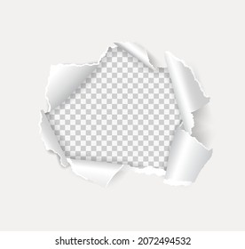 Rip open paper holes with torn edges, hole in wall. Realistic white page sheet with round crack or burst on transparent background vector. Damaged gap with teared and ragged borders