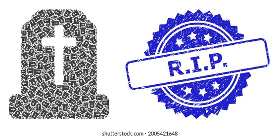 R.I.P. scratched stamp seal and vector fractal collage cemetery. Blue seal contains R.I.P. tag inside rosette. Vector collage is designed with recursive rotated cemetery icons.