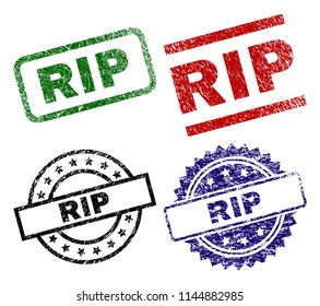 RIP seal prints with corroded surface. Black, green,red,blue vector rubber prints of RIP caption with grunge surface. Rubber seals with circle, rectangle, medallion shapes.