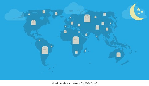RIP. Tombs on the World Map. Vector Illustration. EPS10