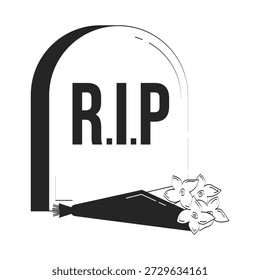 RIP lápida con flores doodle objeto lineal. Lápida conmemorativa del ramo. De luto por la muerte. Lápida simpatía 2D Vector esquema Clip arte dibujo aislado en blanco. Dibujado a mano ilustración de boceto
