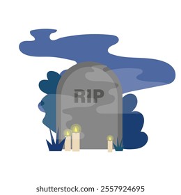 RIP tombstone icon. Gray grave with candles. Cemetery scene illustration. Vector image.