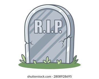 RIP Tombstone Vector Illustration, Cartoon Gravestone with Cracks, Halloween Cemetery Grave Icon Isolated