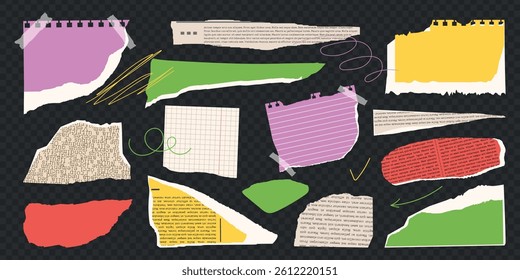 Rip torn paper collection. Trendy retro vintage newspaper cut set, notebook sheet, colored y2k elements for sticker, grunge texture, collage, scrapbook, poster. Old gazettes piece. Isolated Vector ill