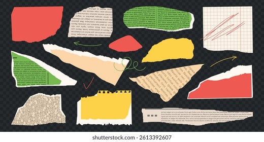 Rip torn paper collection. Trendy retro vintage newspaper cut set, notebook sheet, colored y2k elements for sticker, grunge texture, collage, scrapbook, poster. Old gazettes piece. Isolated Vector ill