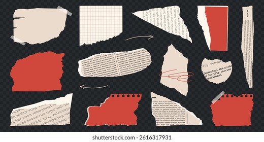 Rip torn paper collection. Trendy retro vintage newspaper cut set, notebook sheet, colored y2k elements for sticker, grunge texture, collage, poster. Old gazettes piece. Isolated Vector illustration.