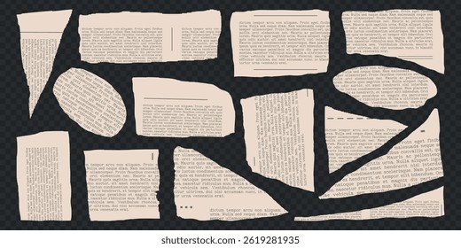 Rip torn paper collection. Trendy retro vintage newspaper cut set, notebook sheet, y2k elements for sticker, grunge texture, collage, poster. Old gazettes piece. Isolated Vector illustration.