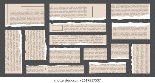 Rip torn paper collection. Trendy retro vintage newspaper cut set, notebook sheet, y2k elements for sticker, grunge texture, collage, poster. Old gazettes piece. Isolated Vector illustration.