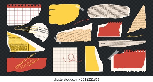 Rip torn paper set. Trendy retro vintage newspaper cut collection, notebook sheet, colored y2k elements for sticker, grunge texture, collage, scrapbook, poster. Old gazettes piece. Isolated Vector ill