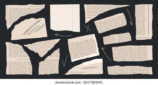Rip torn paper set. Trendy retro vintage newspaper cut set, notebook sheet, colored y2k elements for sticker, grunge texture, collage, poster. Old gazettes piece collection. Isolated Vector illustrat