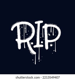 RIP - urban graffiti text. Rest in peace abbreviation sprayed in white over black. Word in grunge y2k style. Splash effects and drops texture. Vector hand drawn illustration,