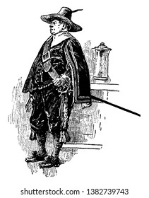 Rip Van Winkle, this picture shows a man with hat on head facing right side, vintage line drawing or engraving illustration