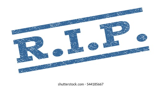 R.I.P. watermark stamp. Text tag between parallel lines with grunge design style. Rubber seal stamp with scratched texture. Vector cobalt blue color ink imprint on a white background.