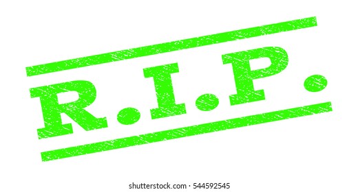 R.I.P. watermark stamp. Text tag between parallel lines with grunge design style. Rubber seal stamp with scratched texture. Vector light green color ink imprint on a white background.