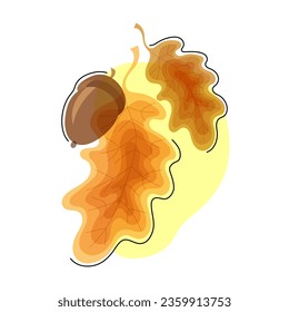 Ripe acorn with autumn leaves of different transparency on a white background. Design element for abstract background, wallpaper, wrapping paper, fabric, textile