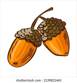 Ripe acorns on a branch in rustic style. Harvest concept. Vector illustration.