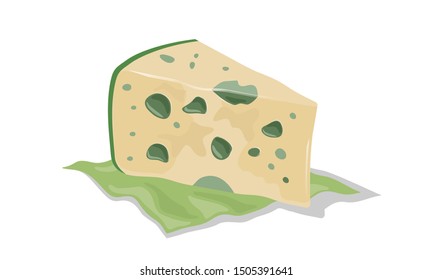 Ripe aged cheese with mold. Wedge of roquefort, gorgonzola, stilton served on green napkin. Vector cartoon, realistic icon isolated on white for farm market, dairy, factory label design.