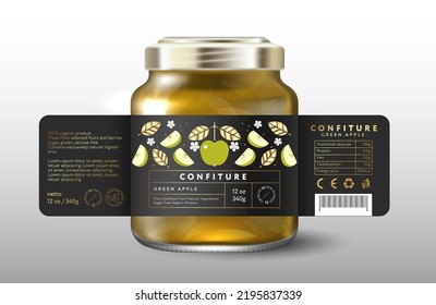 Ripe apple confiture. Sweet food. Black label with whole apples, halves, cut fruits and gold leaves. Mockup of Glass Jar with Label. 