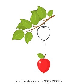 A Ripe Apple Falls From A Branch Under The Force Of Gravity. Vector Illustration Isolated On White Background