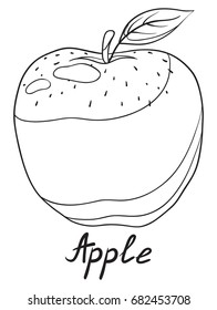 Ripe apple with leaf. Hand drawn isolated illustration with the inscription on a white background