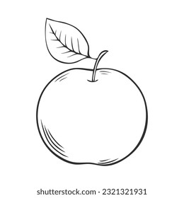 Ripe apple with leaves. Appetizing fruit for a healthy diet. Vector isolated illustration hand drawn. Black and white sketch. Picture coloring