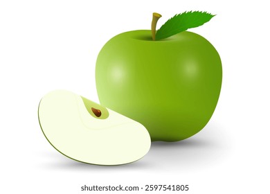 A ripe apple vector on isolated white backgroundrich with green leaf in natural fruit concept. green apple with a glossy surface and a single green leaf sits next to a neatly sliced apple piece.