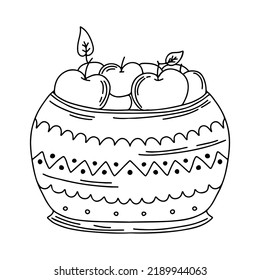Ripe apples in ceramic bowl illustration isolated on white background. Autumn harvest of organic apples. Hand drawn. Doodle style.