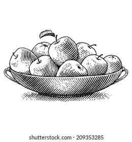 Ripe apples in dish  Engraved vector illustration