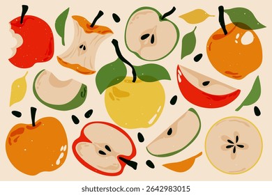 Maçãs maduras. Frutas de maçã frescas com folhas, maçãs de linocut inteiras e pedaços cortados, frutas tropicais abstratas com folha, casca, ingredientes doces naturais e azedos orgânicos. Conjunto de risografias vetoriais.