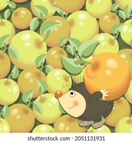 Ripe apples. Funny hedgehog. Sweet vector fruits with cartoon character. Apple pattern, background.
