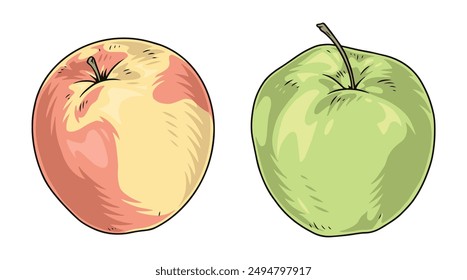 Conjunto de manzanas maduras pegatinas coloridas con deliciosas frutas apetitosas de diferentes variedades recolectadas en la Ilustración vectorial del jardín del hogar