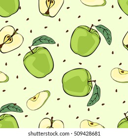 Ripe apples, slices and seeds. Pattern.