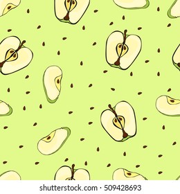 Ripe apples, slices and seeds. Pattern.