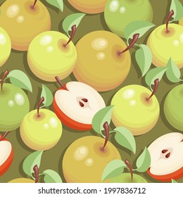 Ripe apples. Sweet vector fruits. Time for apples. Apple pattern, background. Design for textiles.