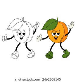 Ripe apricot in flat style. Apricot character. Funny cartoon retro character apricot in flat and doodle style. Groovy character.