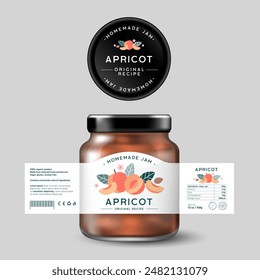 Ripe Apricot Jam. Sweet food. Design of label with flat illustration and texts. Mock up of Glass Jar with Label.