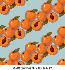 Ripe apricots with leaves on blue background. Seamless pattern