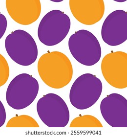 Ripe apricots and plums Seamless pattern in trendy traditional shades. Healthy eating wallpaper idea