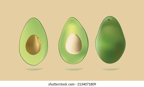 Ripe avocado berry cut and whole. Berries vector illustration. Three parts of an avocado. Ingredient for salad.