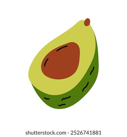 A ripe avocado cut in half displaying its green flesh and brown seed on a clean background