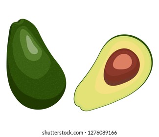 Ripe avocado fruit flat vector illustration. Whole avocado and half with bone on white background for vegan and organic raw food.