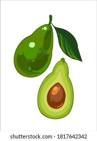 Ripe avocado with green leaf and half an avocado with seed, hand drawn vector illustration isolated on white background. Fresh cartoon vegetable. set of illustrations.