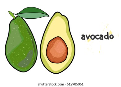 ripe avocado. avocado with leaves. avocado cut with bone.