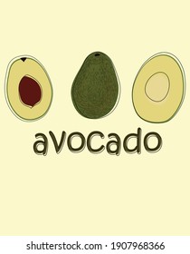 Vocado maduro sobre un fondo claro con una inscripción de texto. Todo y cortar fruta con hoyos. Ilustración plana vectorial. Diseño para afiches, tarjetas, textiles, camisetas, fondos, iconos, menús.
