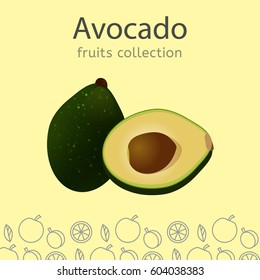 Ripe avocado on a light background. Fruits collection. Vector illustration.