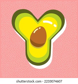 ripe avocado with pit, font abc, letter Y