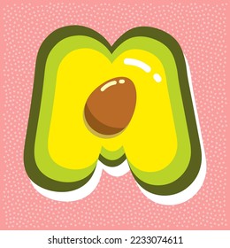 aguacate maduro con pozo, letra abc, letra M
