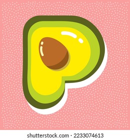 ripe avocado with pit, font abc, letter P