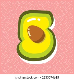ripe avocado with pit, font abc, number 5