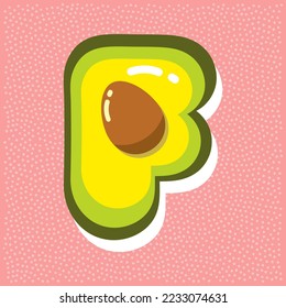 ripe avocado with pit, font abc, letter F